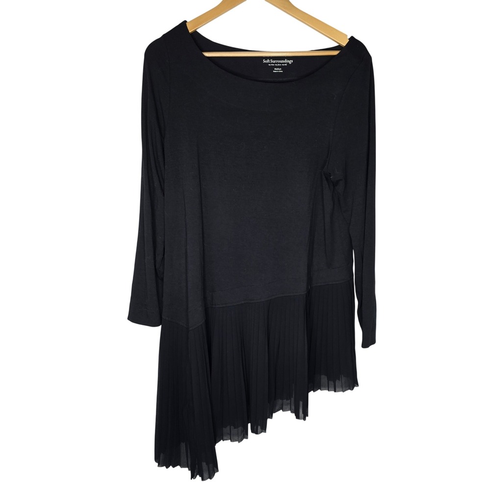 Soft Surroundings Pleated Hem Tunic Womens Medium Black‎ Jersey Knit Avant Garde